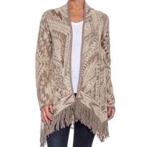 Lucky Brand Sweater Womens Small Tan Brush Knit Boho Fringed Open Front Cardigan